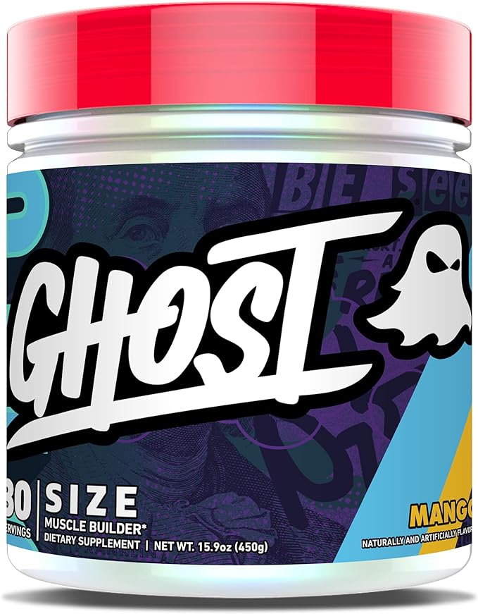 GHOST Size Muscle Builder Dietary Supplement - Mango, 30 Servings - Muscle Growth and Strength Building Supplements for Men & Women - Creatine, Betaine & Beta-Alanine - Free of Sugar & Gluten, Vegan