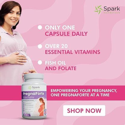Pregnaforte 1 a day Prenatal vitamins for women 2 month: Folic acid, Fish Oil Omega 3 DHA/EPA, Vitamin D3, B6, Vitmain B12, C, E, Calcium, Iron, Magnesium, Zinc supplement FSA HSA eligble multivitamin