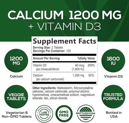 Calcium 1200 mg with Vitamin D3, Calcium Supplement Vitamins, Bone, Teeth & Immune Health Support, Calcium Supplements with D for Women & Men, Nature's Absorbable Calcium Carbonate - 240 Tablets