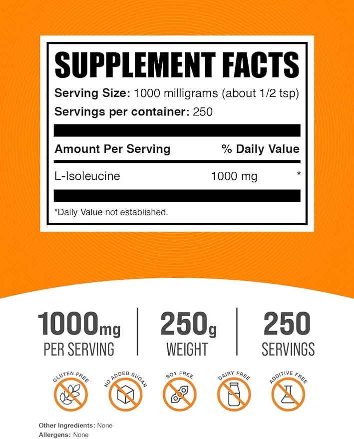 BulkSupplements.com L-Isoleucine Powder - Isoleucine Supplement, BCAA Supplement - Amino Acid Supplement, Unflavored & Gluten Free, 1000mg per Serving, 250g (8.8 oz) (Pack of 1)
