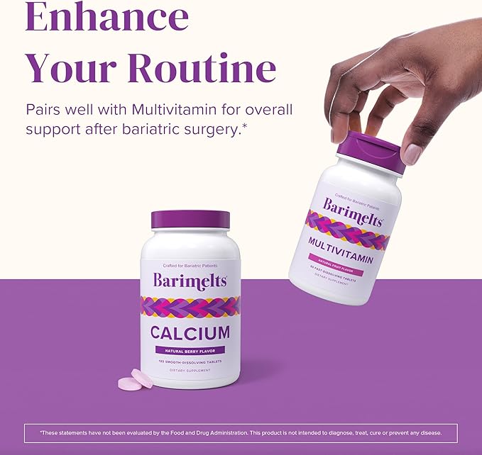 Barimelts Calcium Citrate with Vitamin D3 & Magnesium - 120 Smooth-Dissolving Tablets (1-Month Supply) - Bariatric Calcium Supplements for Women, Natural Berry Flavor