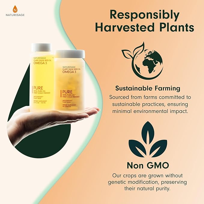 Vegan Omega 3 Capsule Supplement, Plant-Based Omega 3 Fish Oil Alternative, 90 Capsules – Cold Pressed from Clary Sage Seed – Kosher - Omega 3 Fatty Acid Supplement