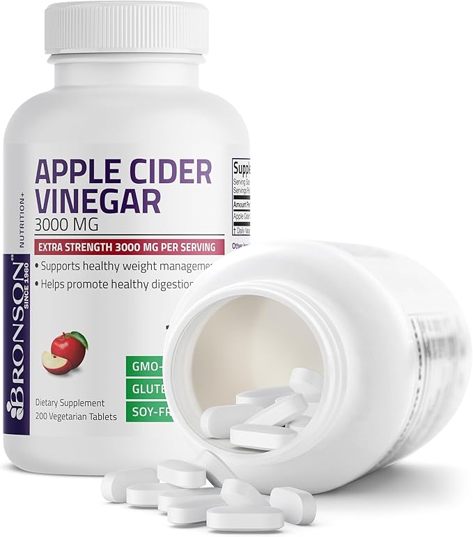 Bronson Apple Cider Vinegar 3000 MG per Serving Extra Strength - Non-GMO, 200 Vegetarian Tablets