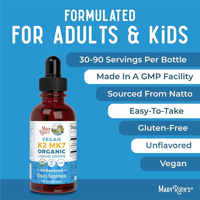 MaryRuth Organics USDA Organic Vitamin K2 MCT Liquid Drops for Adults & Kids | 100 mcg K2 MK7 per serving + Organic MCT Oil | Vegan K2 Vitamin for Bone Health | Heart Health | Calcium Absorption | 1oz