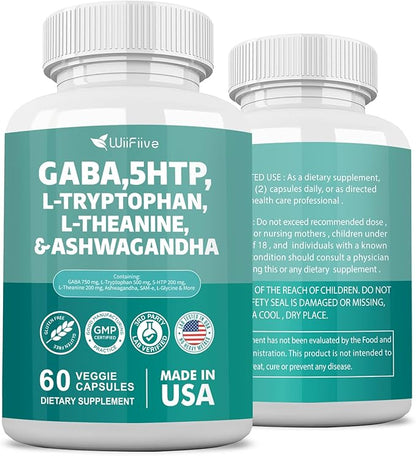 Gaba 750mg 5-HTP 200mg L-Theanine 200mg Ashwagandha 3000mg L-Tryptophan 500mg with Vitamin D3 Vitamin B6 L-Tyrosine Black Pepper SAM-e, Dietary Supplement, Non GMO, NSF Certified, 60 Capsules