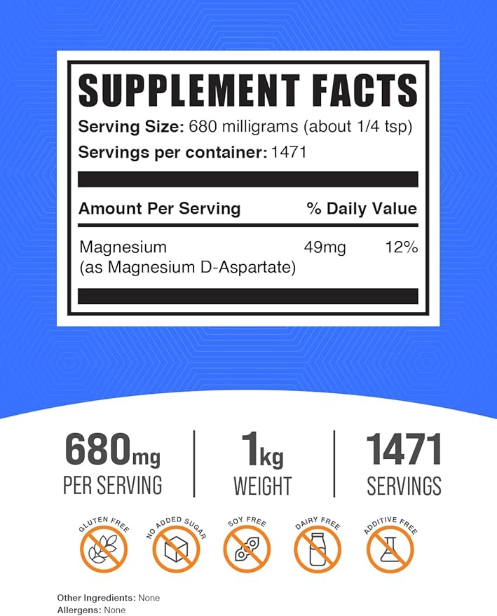 BulkSupplements.com Magnesium D-Aspartate Powder - Magnesium Supplement, High Absorption Magnesium - Gluten Free, 680mg (49mg of Magnesium) per Serving, 1kg (2.2 lbs) (Pack of 1)