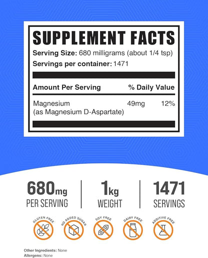 BulkSupplements.com Magnesium D-Aspartate Powder - Magnesium Supplement, High Absorption Magnesium - Gluten Free, 680mg (49mg of Magnesium) per Serving, 1kg (2.2 lbs) (Pack of 1)