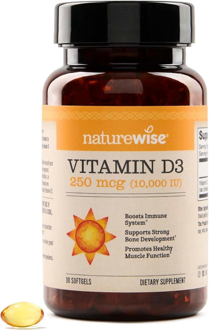 NatureWise Vitamin D3 10,000IU (250 mcg) Extra Strength for Healthy Muscle Function and Immune Support, Non-GMO, Gluten Free in Organic Extra Virgin Olive Oil, Softgel, 30 Count[1-Month Supply]