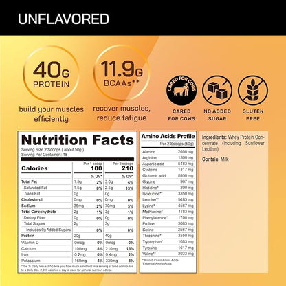 GOPOWER Whey Protein Powder, with BCAAs, Grass Fed Protein Powder, 2 Pound, 18 Servings