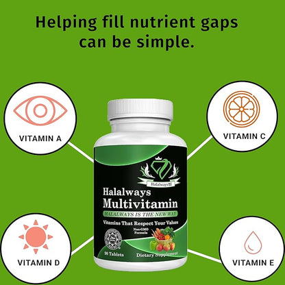 Halalways Multivitamin Certified Halal Multivitamin, Supplement Tablet with Vitamin A, Vitamin C, Vitamin D, Vitamin E and Zinc for Immune Health Support, B12, Calcium & More