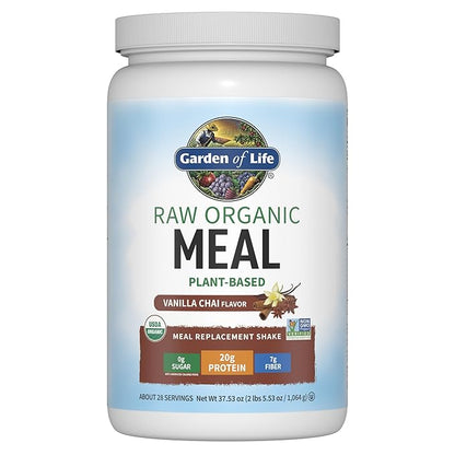 Garden of Life Meal Replacement Shakes, Vegan Protein Powder, Raw Organic Protein Powder, Vanilla Chai Protein Powder with Plant Based Pea Protein, Sprouts, Greens, Probiotics, Dairy Free 28 Servings