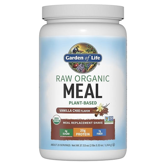 Garden of Life Meal Replacement Shakes, Vegan Protein Powder, Raw Organic Protein Powder, Vanilla Chai Protein Powder with Plant Based Pea Protein, Sprouts, Greens, Probiotics, Dairy Free 28 Servings