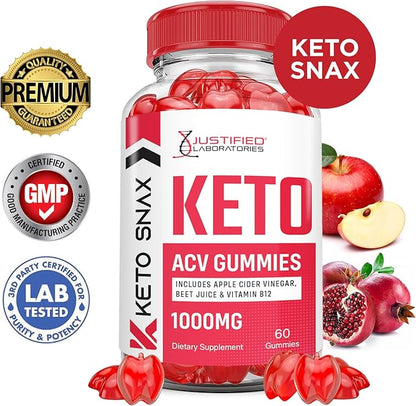 (5 Pack) Keto Snax Keto ACV Gummies Advanced Formula 1000MG Keto Snax Keto Gummies Apple Cider Vinegar Formulated with Pomegranate Beet Juice Powder B12 Vegan Non GMO 300 Gummys