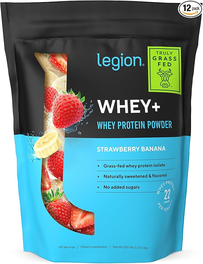 LEGION Whey+ Whey Isolate Protein Powder from Grass Fed Cows - Low Carb, Low Calorie, Non-GMO, Lactose Free, Gluten Free, Sugar Free, All Natural Whey Protein Isolate, 5 Pounds (Strawberry Banana)