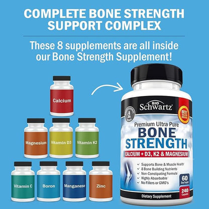 Bone Strength Supplement with Calcium Magnesium Vitamin D3 K2 Zinc (60 Day Supply) 8 Bone Building Nutrients for Bone & Muscle Support - High Absorption Non-Constipating Formula - 240 Veggie Capsules