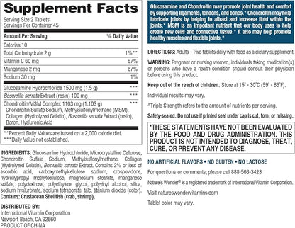 Nature's Wonder Triple Strength Glucosamine & Chondroitin with MSM and Hyaluronic Acid and Boswellia for Joint Health, Supports Joint Flexibility and Mobility, 45 Day Supply, 90 Tablets