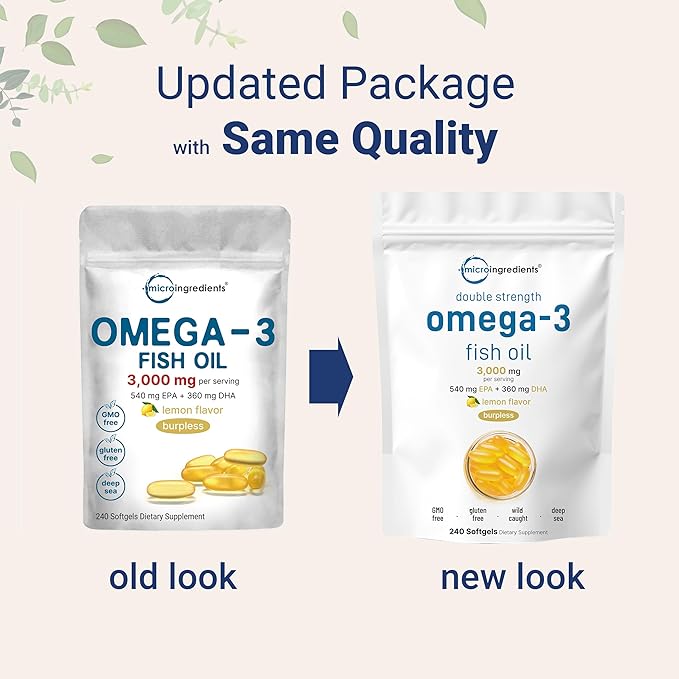 Omega 3 Fish Oil Supplements 3,000mg Per Serving, 240 Softgels | Lemon Flavored – Burpless | EPA 540mg + DHA 360mg | Heart & Brain Support | Deep Sea Fish