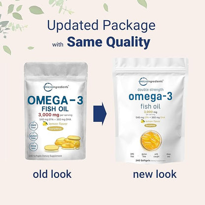 Omega 3 Fish Oil Supplements 3,000mg Per Serving, 240 Softgels | Lemon Flavored – Burpless | EPA 540mg + DHA 360mg | Heart & Brain Support | Deep Sea Fish