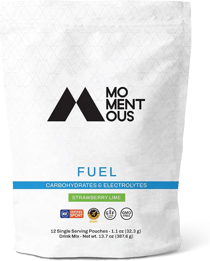 Momentous Fuel Intra-Workout Carbs & Electrolyte Drink Mix - Hydration Powder for Sustained Energy During Workouts - NSF Certified, GMO-Free, Gluten Free - 12 Single Serving Packets, Strawberry Lime