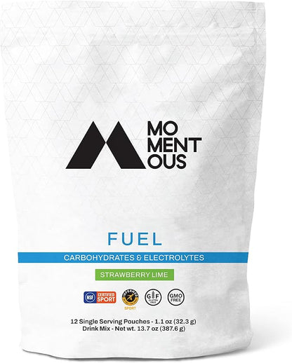 Momentous Fuel Intra-Workout Carbs & Electrolyte Drink Mix - Hydration Powder for Sustained Energy During Workouts - NSF Certified, GMO-Free, Gluten Free - 12 Single Serving Packets, Strawberry Lime