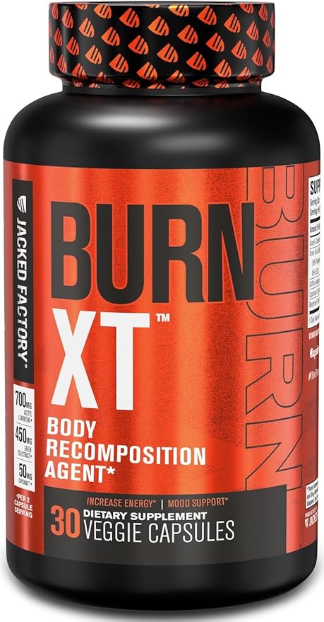 Jacked Factory Burn-XT for Men & Women - Improve Focus & Increase Energy - Premium Acetyl L-Carnitine, Green Tea Extract, Capsimax Cayenne Pepper, & More - 30 Natural Veggie Pills