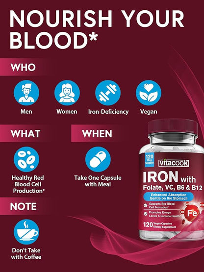 Iron Supplement for Women & Men, Iron Bisglycinate with Vitamin C, B6, B12, Folate, Stomach Friendly, Non-Constipating, Blood Health & Energy Boost, 120 Vegan Caps