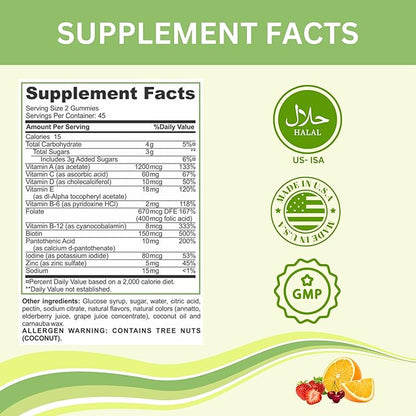 Greenfield Nutritions Halal Multivitamins for Adults | 90 Halal Vitamins for Women & Men | All Essential Gelatin Free Halal Gummy Vitamin, Mineral, Folic Acid, Biotin, Gluten Free, Non-GMO, Vegetarian