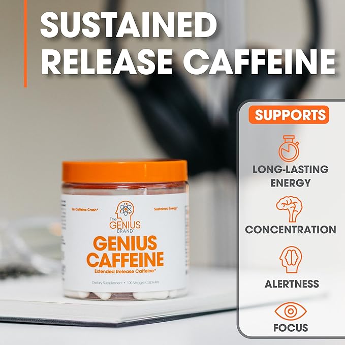Genius Caffeine Pills 100mg, Extended-Release Microencapsulated Caffeine Pills - All-Natural Non-Crash Sustained Energy, Focus & Concentration Supplement - Nootropic Brain Booster - 100 Capsules