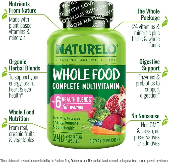 NATURELO Whole Food Multivitamin for Women - with Vitamins, Minerals, & Organic Extracts - Supplement for Energy and Heart Health - Non GMO - 240 Vegan Capsules