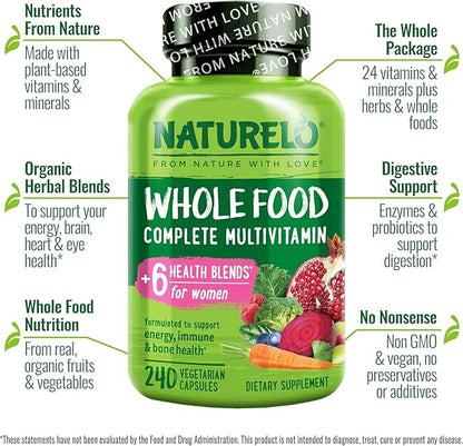 NATURELO Whole Food Multivitamin for Women - with Vitamins, Minerals, & Organic Extracts - Supplement for Energy and Heart Health - Non GMO - 240 Vegan Capsules