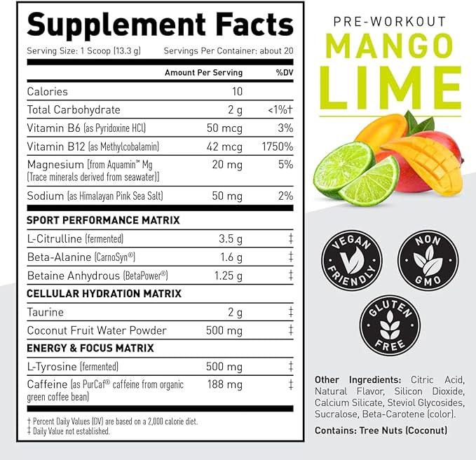 Kaged Pre-Kaged Sport Pre Workout Powder | Mango Lime | Energy Supplement for Endurance | Cardio, Weightlifting Sports Drink | 20 Servings