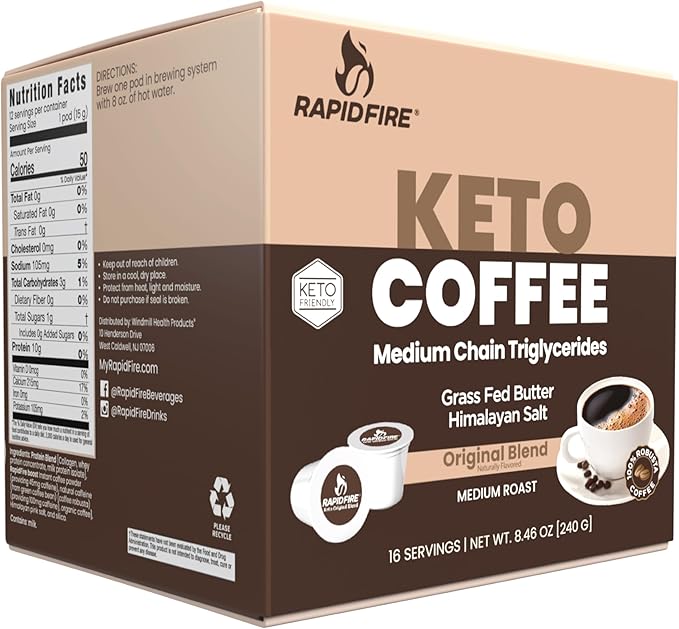 Rapidfire Original Flavor High Performance Keto Coffee Pods, Supports Energy & Metabolism, Single Serve K Cup, Brown, 16 Count