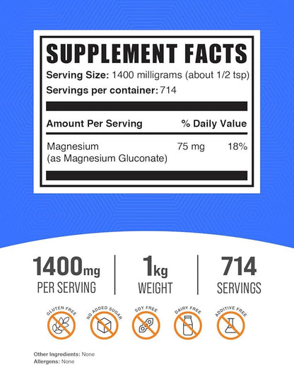 BulkSupplements.com Magnesium Gluconate Powder - Magnesium Gluconate Supplement, Essential & Gluten Free - 1400mg (75mg of Magnesium) per Serving, 1kg (2.2 lbs) (Pack of 1)