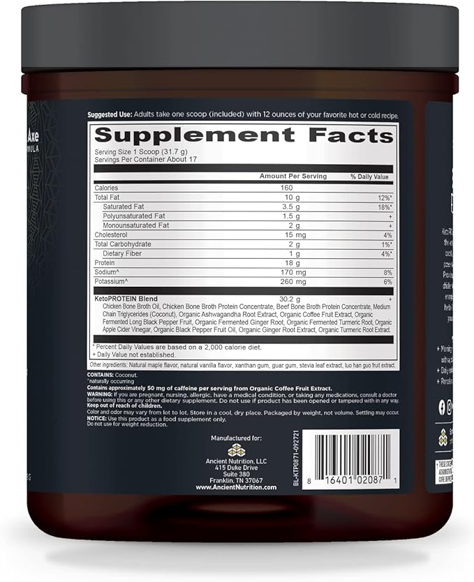 Keto Protein Powder by Ancient Nutrition, KetoPROTEIN with Fats from Bone Broth and MCT Oil, Vanilla, 18g Protein 11g Fat Per Serving, Gluten Free, 17 Servings