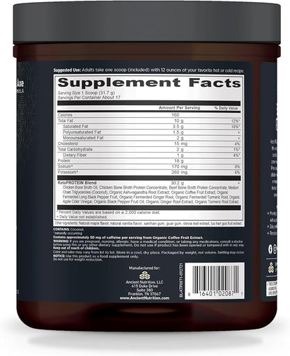Keto Protein Powder by Ancient Nutrition, KetoPROTEIN with Fats from Bone Broth and MCT Oil, Vanilla, 18g Protein 11g Fat Per Serving, Gluten Free, 17 Servings