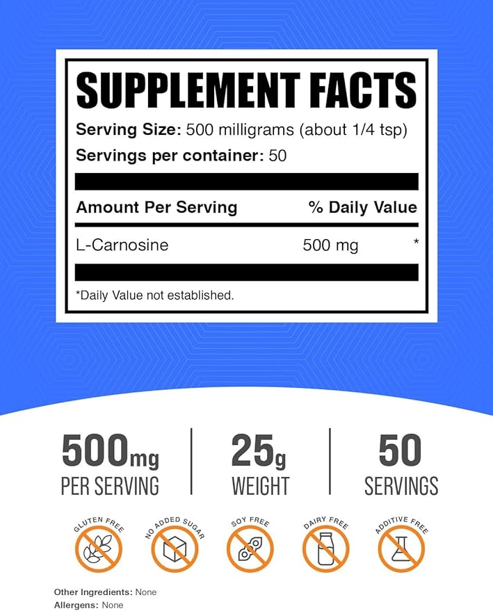 BulkSupplements.com L-Carnosine Powder - Carnosine Supplement, Carnosine 500mg - Amino Acid Supplement, Gluten Free, 500mg per Serving, 25g (0.88 oz) (Pack of 1)