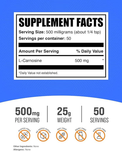 BulkSupplements.com L-Carnosine Powder - Carnosine Supplement, Carnosine 500mg - Amino Acid Supplement, Gluten Free, 500mg per Serving, 25g (0.88 oz) (Pack of 1)