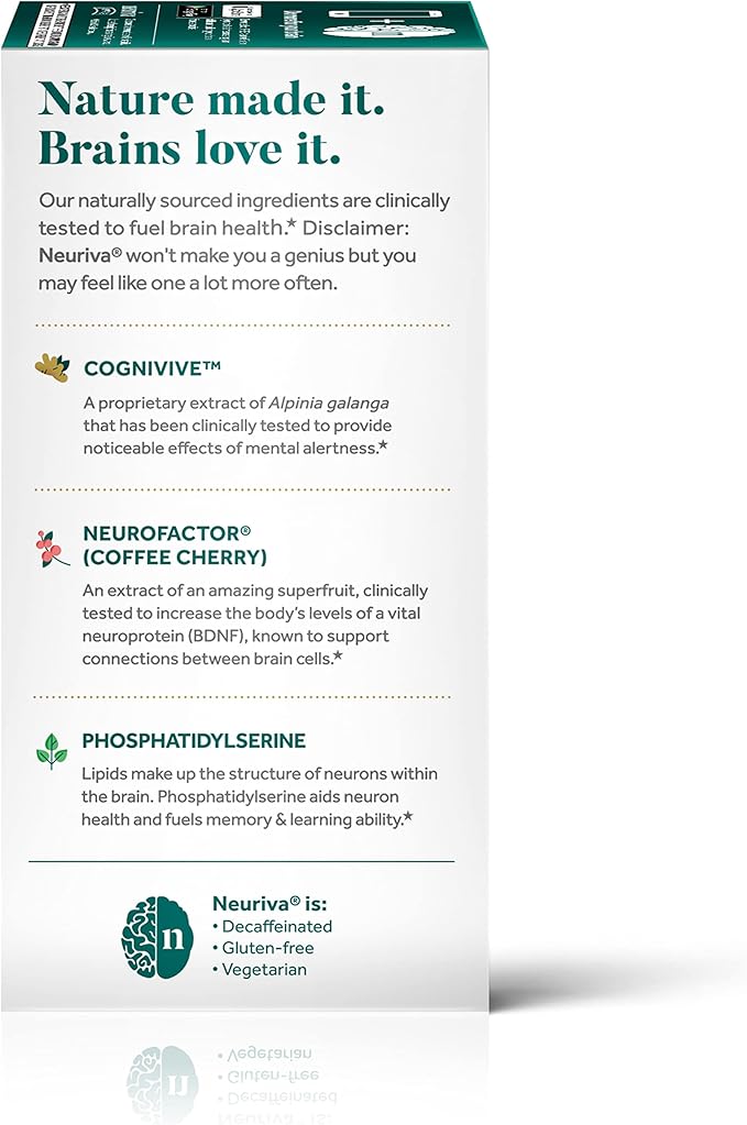 NEURIVA Ultra Decaffeinated Clinically Tested Nootropic Brain Supplement for Mental Alertness, Memory, Focus & Concentration, Cognivive, Neurofactor, Phosphatidylserine, Vitamins B6 B12, 60 Capsules