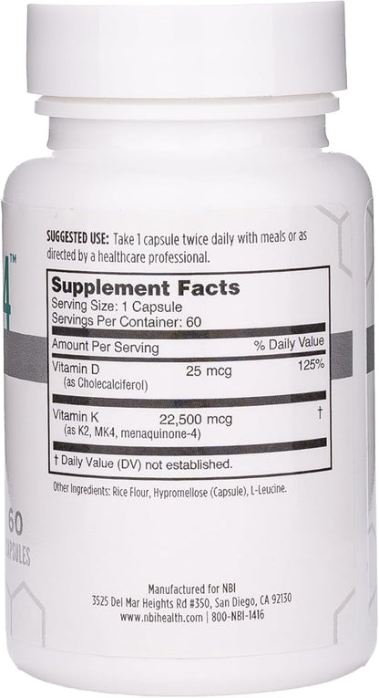 NBI Osteo-MK4 Bone Support | Vitamin D & K Complex | 45mg Vitamin K2 (MK4) for Strong Bone Health & Function | 60ct Veggie Capsules