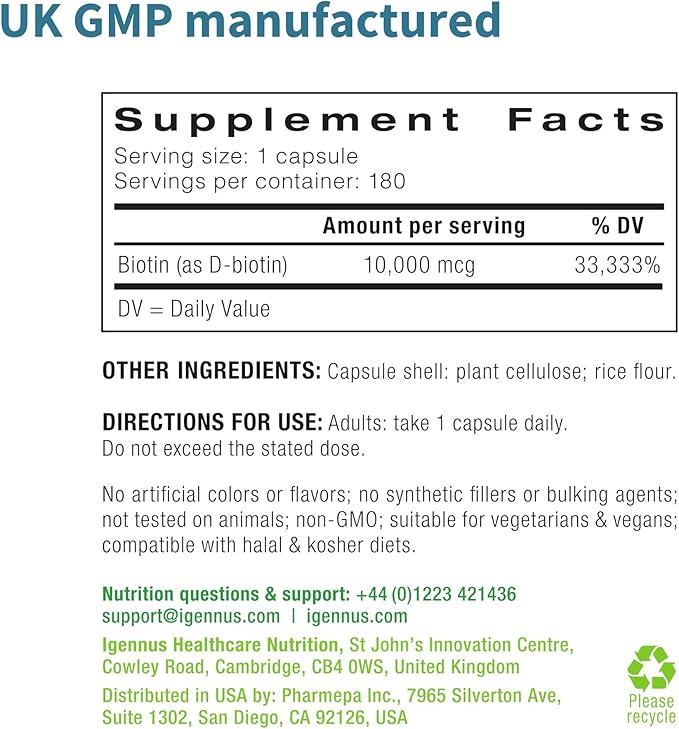 Pure Biotin 10,000mcg, Extra Strength Biotin, 180 Small Easy to Swallow Capsules, Vitamin B7, Clean Label, Lab Verified, & Vegan & Hypoallergenic, No After Taste or Smell, by Igennus