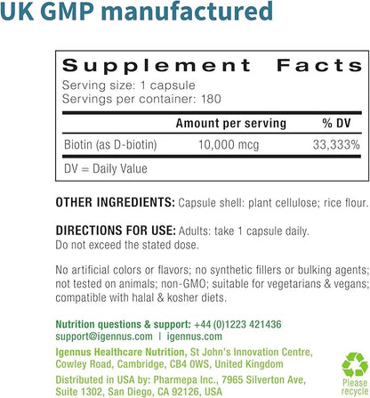 Pure Biotin 10,000mcg, Extra Strength Biotin, 180 Small Easy to Swallow Capsules, Vitamin B7, Clean Label, Lab Verified, & Vegan & Hypoallergenic, No After Taste or Smell, by Igennus