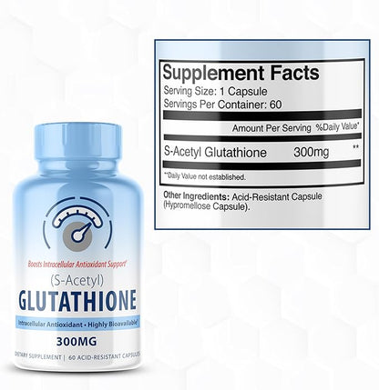 S-Acetyl L-Glutathione - Acetylated Glutathione Supplement 300mg - Works as Antioxidant Support, Liver, & Skin Vitality - Highly Bioavailable L Glutathione Supplement - 60 Pure Glutathione Capsules
