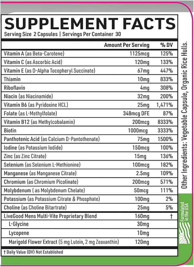 LiveGood™ Men's Bio-Active Complete Multivitamin, Daily Supplement with Vitamin A, B12, C, E, Lycopene, Vegan, 60 Capsules
