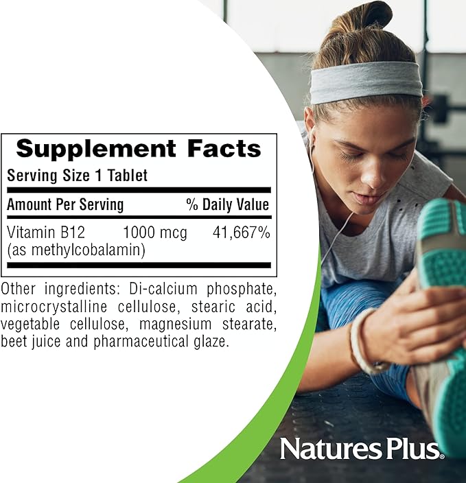 NaturesPlus Vitamin B12 (Methylcobalamin) - 1000 mcg, 90 Vegetarian Tablets - High Potency Red Blood Cell Support - Natural Energy Booster, Promotes Overall Health - Gluten-Free - 90 Servings