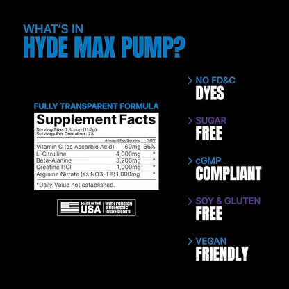 PROSUPPS Hyde Max Pump Pre Workout for Men and Women - Nitric Oxide Supplement for Pump and Endurance - Stimulant Free Pre Workout to Promote Blood Flow and Muscle Strength (Fruit Punch, 25 Servings)