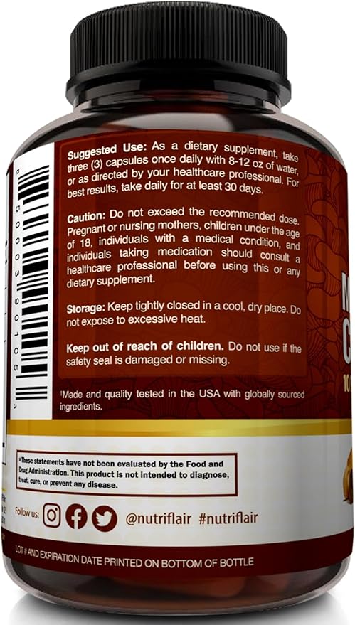 NutriFlair Mushroom Supplement 2600mg, 90 Capsules - 10 Mushrooms Blend - Reishi, Lions Mane, Cordyceps, Chaga, Turkey Tail, Maitake, Shiitake, Oyster Nootropic Complex - Brain, Energy, Focus Pills