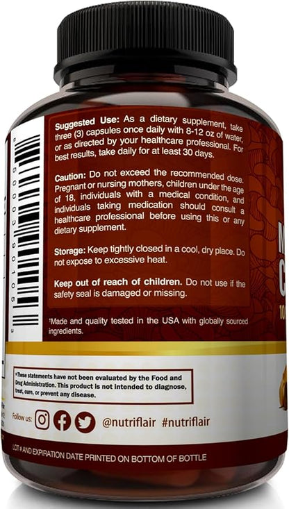 NutriFlair Mushroom Supplement 2600mg, 90 Capsules - 10 Mushrooms Blend - Reishi, Lions Mane, Cordyceps, Chaga, Turkey Tail, Maitake, Shiitake, Oyster Nootropic Complex - Brain, Energy, Focus Pills