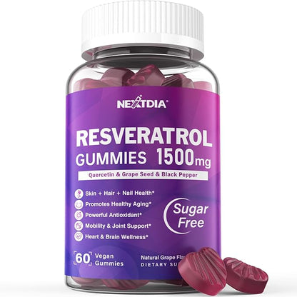 Resveratrol Gummies 1500mg - Resveratrol Supplement with Quercetin, Grape Seed, Red Wine, Black Pepper Extracts Support Antioxidant, Healthy Aging & Brain Wellness - Vegan, Natural Grape Flavor, 60Ct