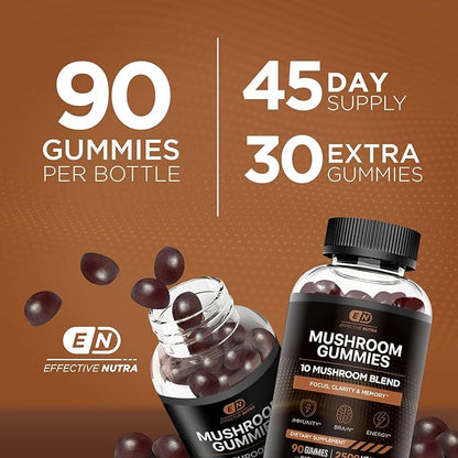 Mushroom Gummies 10 Blend - Mushroom Complex 2500mg - Brain Booster, Immune Support, Energy - Mushroom Supplement for Men & Women (90ct)