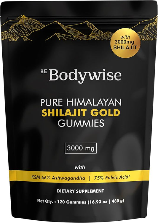 Be Bodywise Pure Himalayan Shilajit Gummies Gold I No Added Sugar I Ashwagandha, Gokshura| Fulvic Acid & 85+ Trace Minerals I for Men, Women I Non-GMO I 100% Natural & Organic I 120 Gummy I Pouch